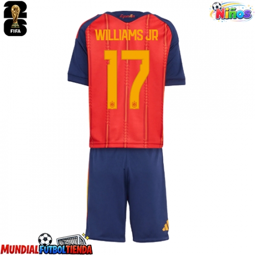 Camiseta España Nico Williams #17 Primera Equipación Replica Mundial 2026 para niños mangas cortas (+ Pantalones cortos)